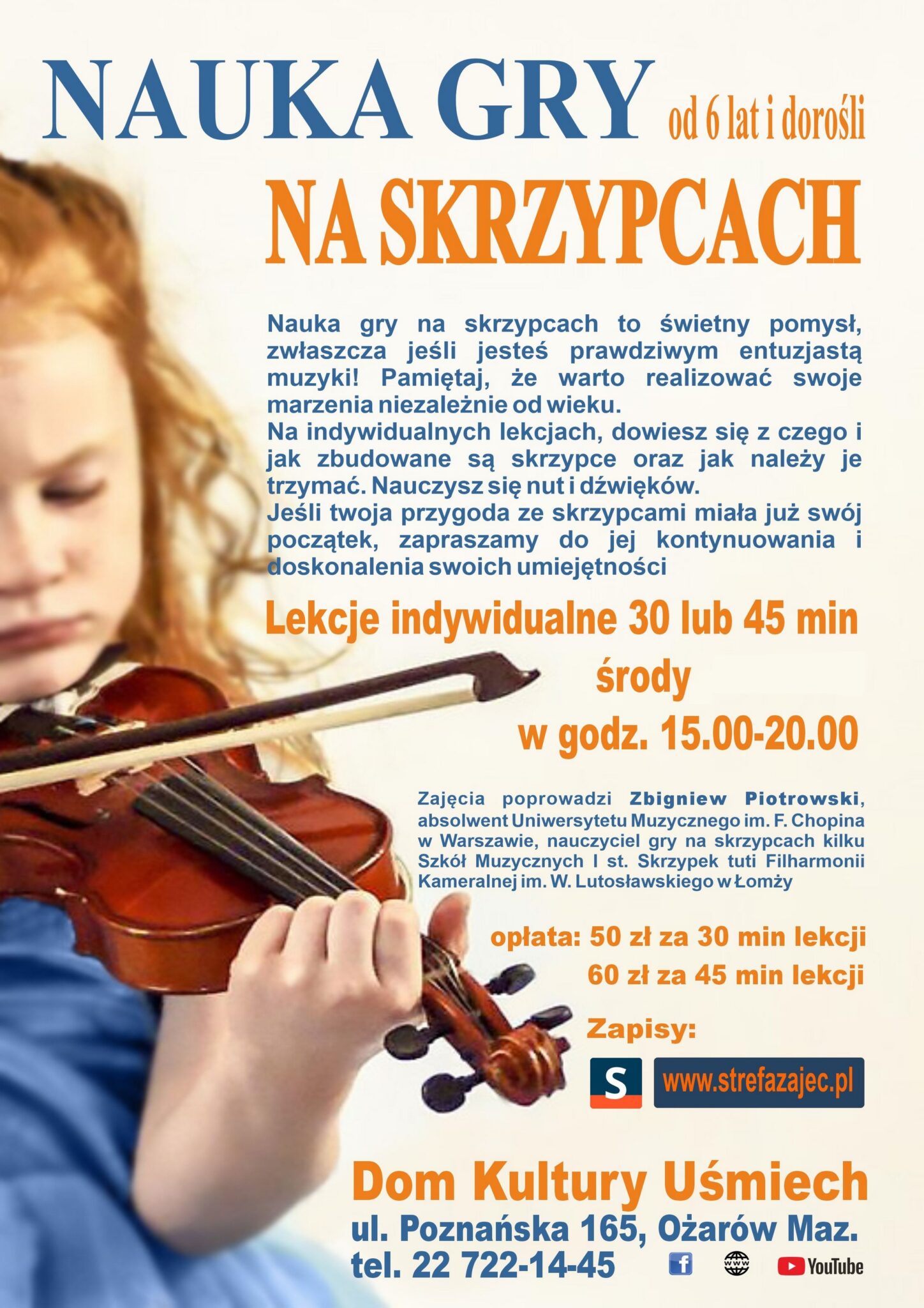 Plakat informacyjny o zajęciach nauki gry na skrzypcach