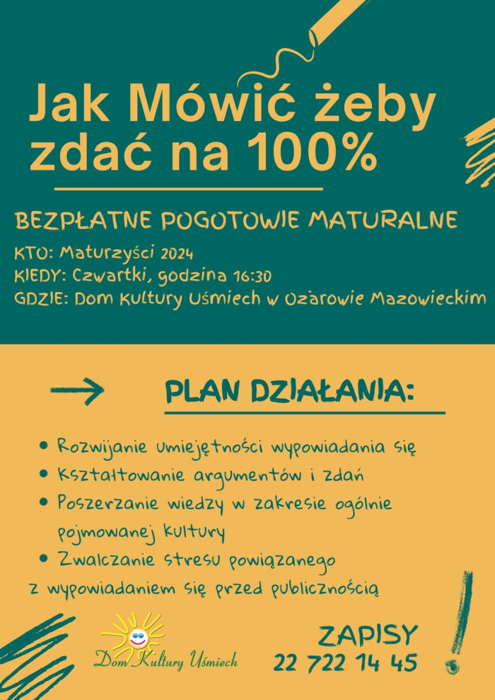 Plakat informujący o Bezpłatnych zajęciach przygotowujących do ustnej matury z języka polskiego