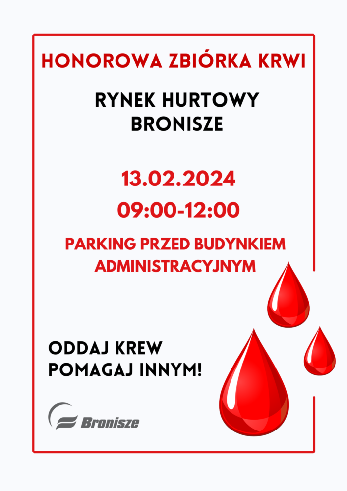 Plakat - Zbiórka krwi w Broniszach 13.02.2024 r.