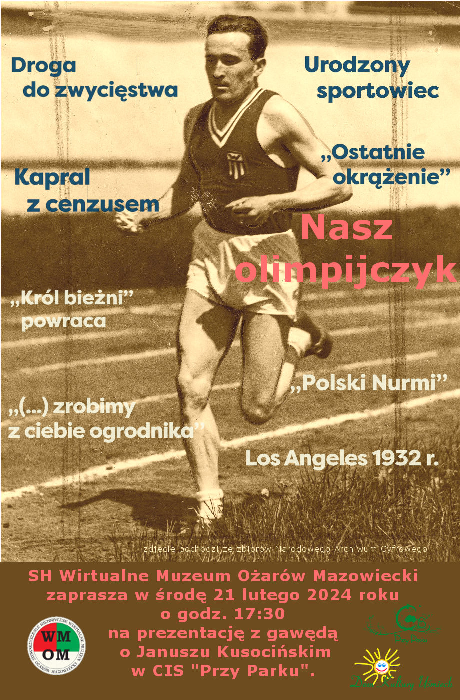 Plakat spotkania na poświęconego sylwetce Janusza Kusocińskiego